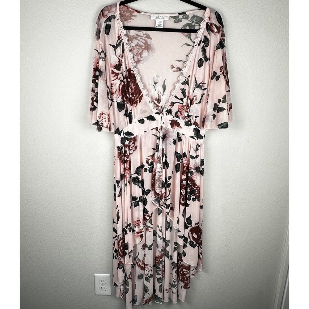 LIFE Maternity Robe XL Pink Rose Floral Sheer High‎ Low Girl